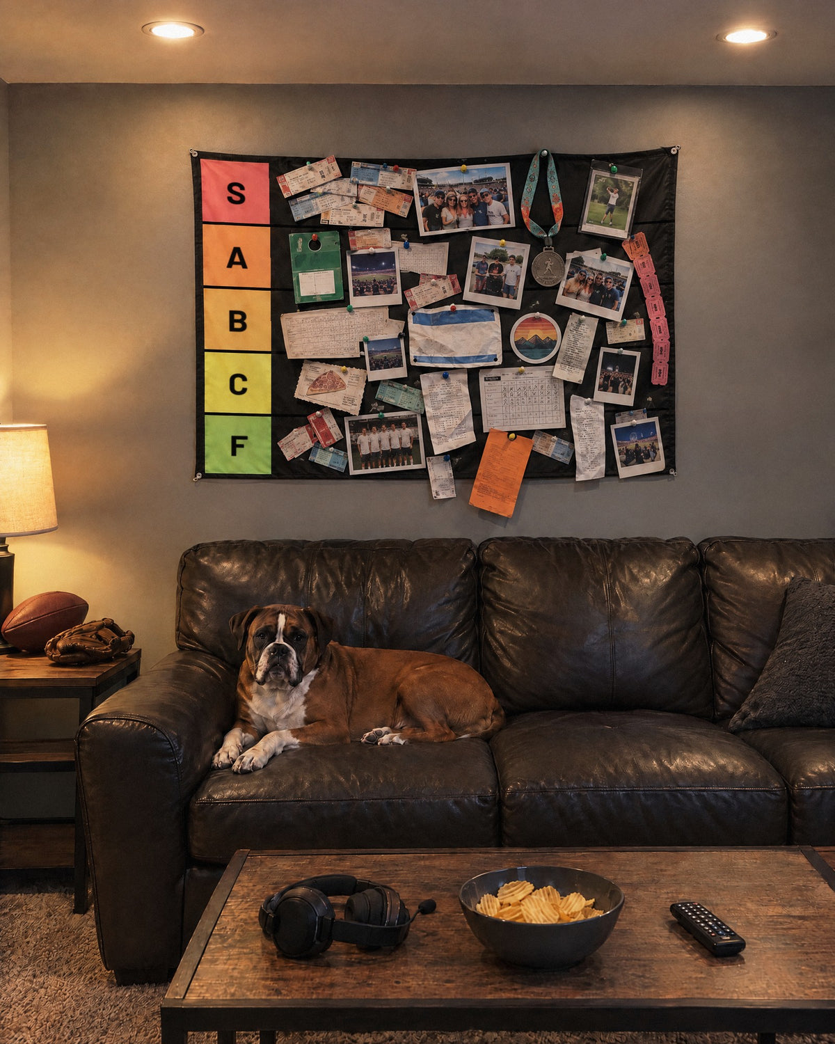 Packed tier list tapestry above a leather couch in a basement with a boxer