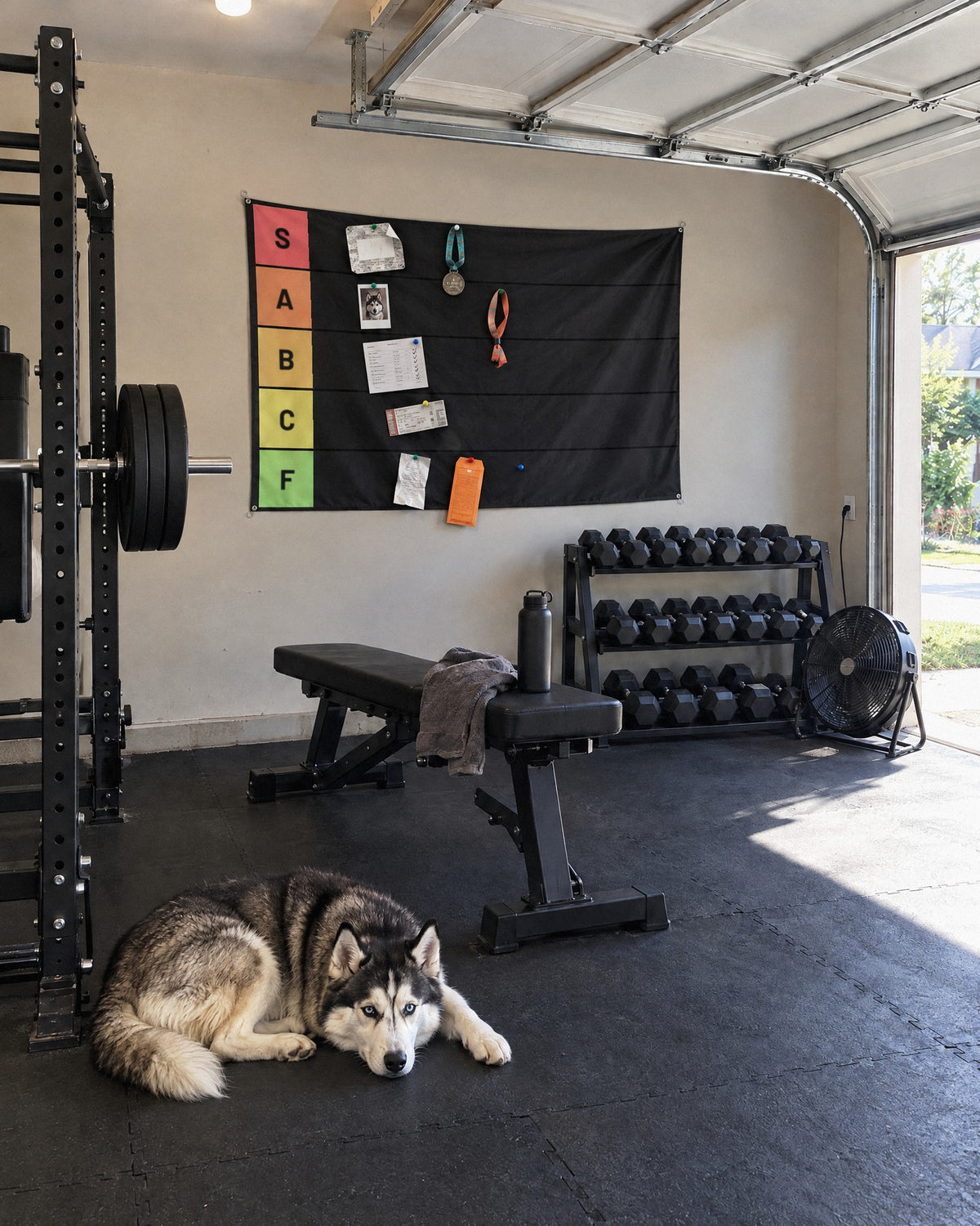 Tier list tapestry on a garage gym wall with a husky on the floor