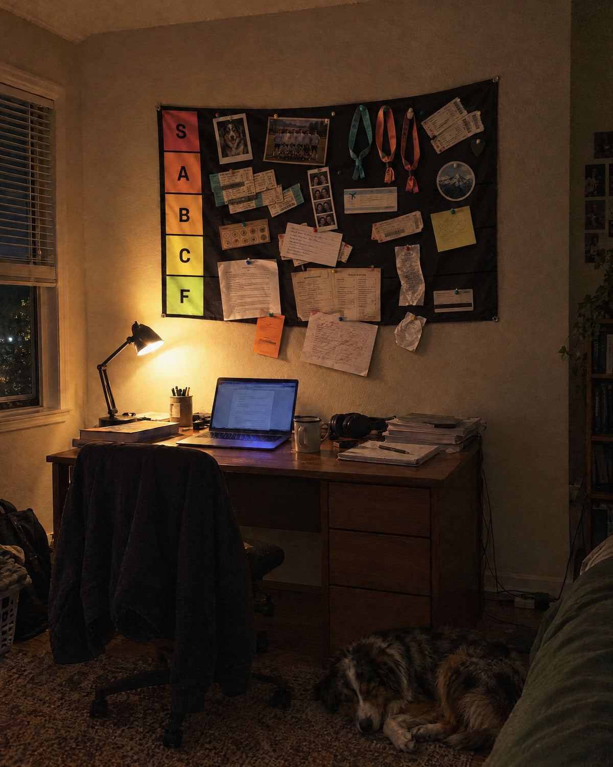 Packed tier list tapestry above a college desk at night with a dog asleep on the floor