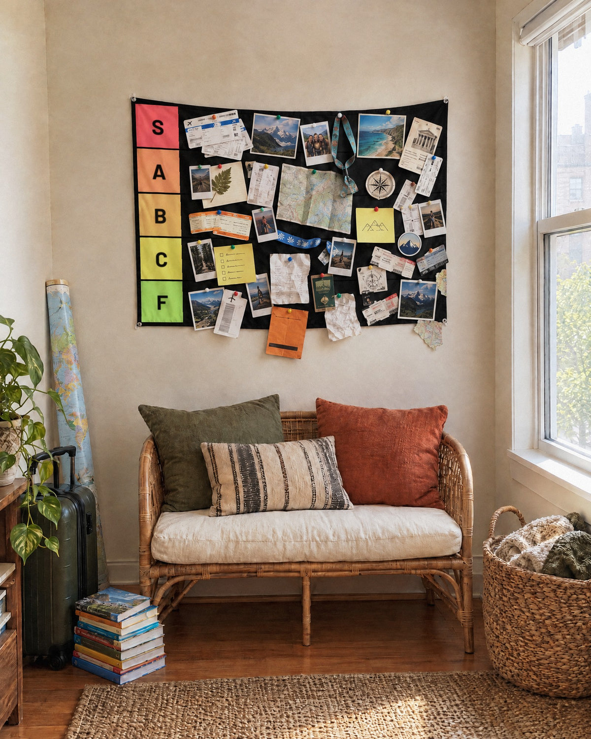 Packed tier list tapestry of travel photos, maps and boarding passes above a rattan loveseat