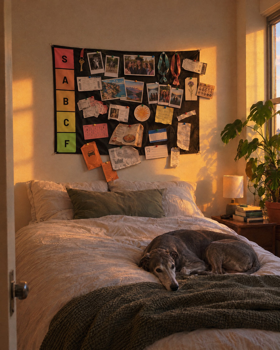 A packed tier list tapestry above a bed in a first apartment at sunset