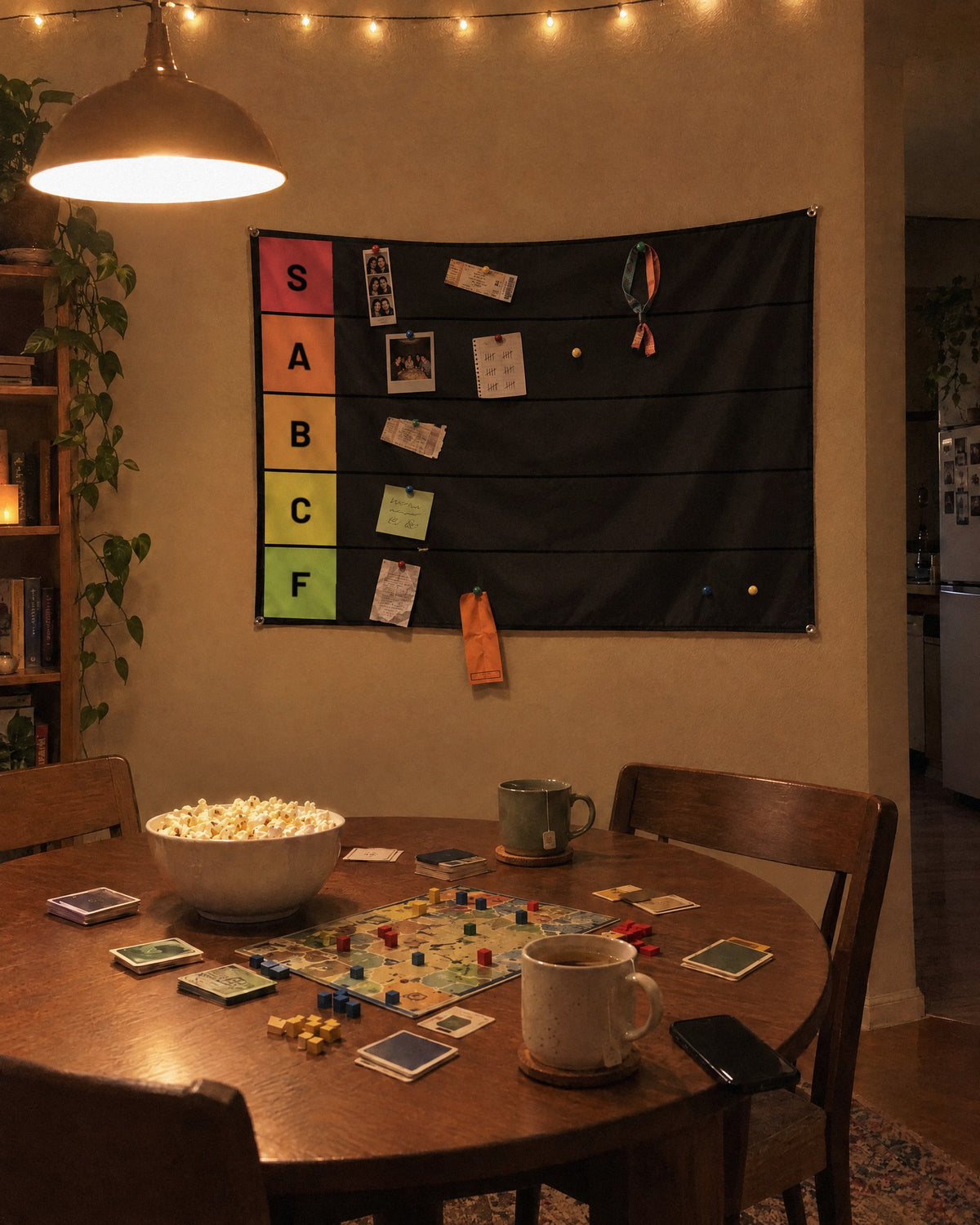 Tier list tapestry above a table set up for board game night
