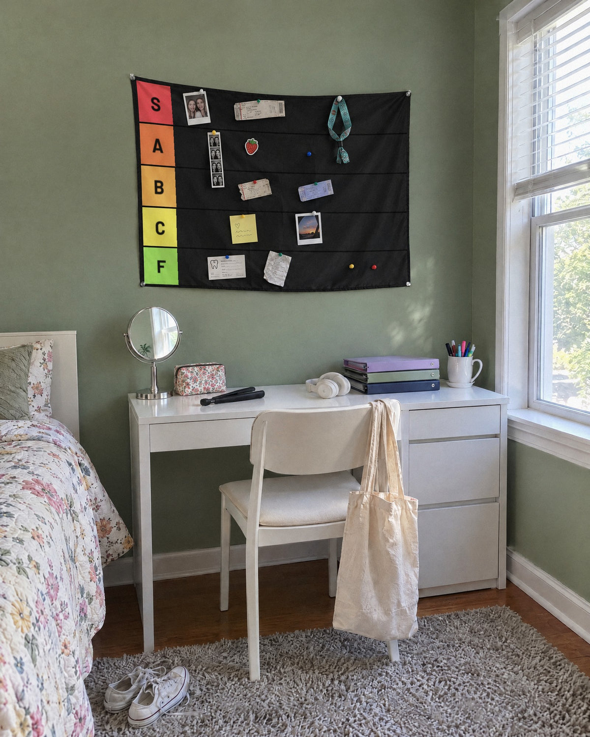 Tier list tapestry above a desk in a green bedroom
