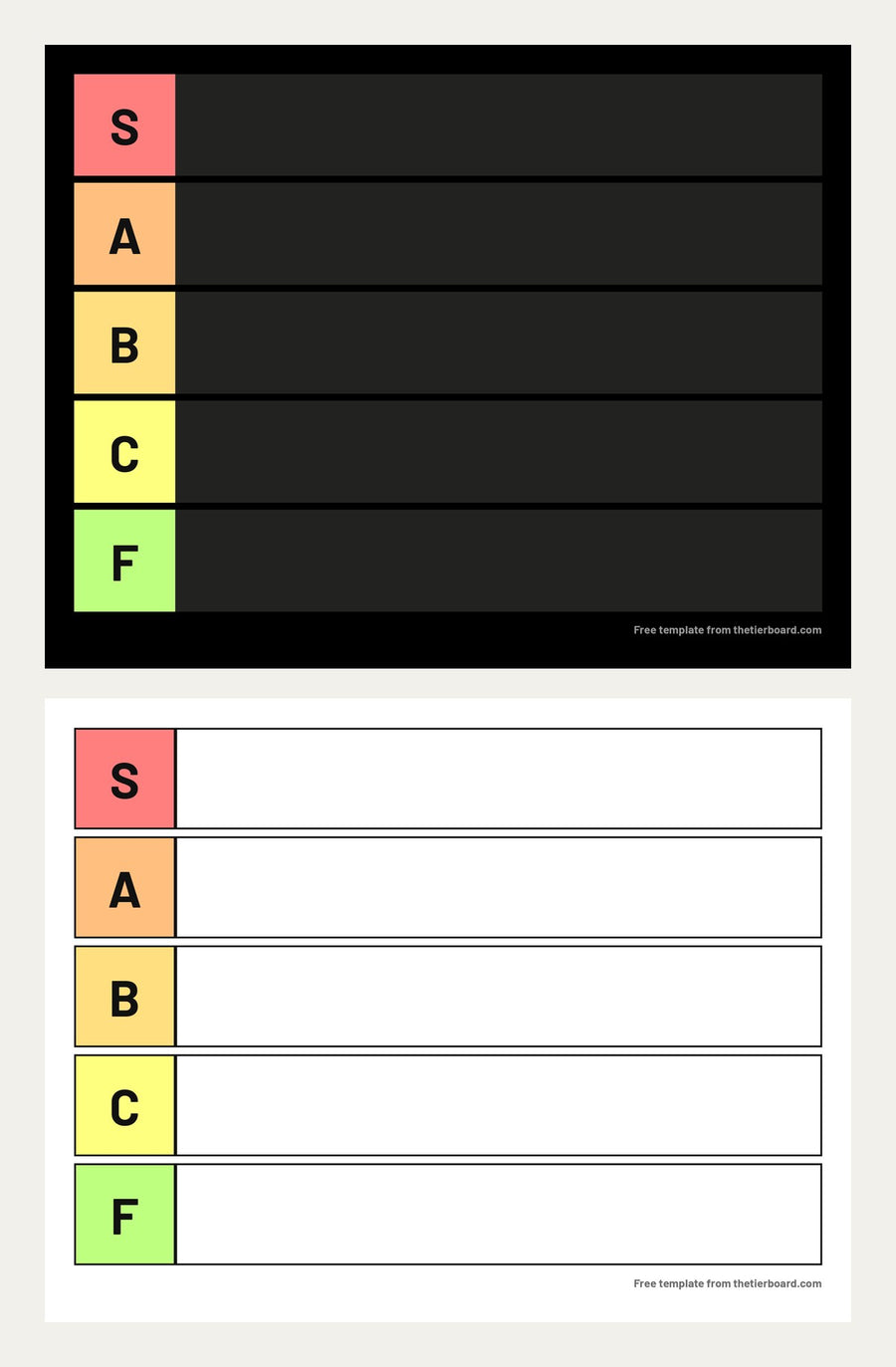 Printable S to F tier list template, classic and ink saver versions