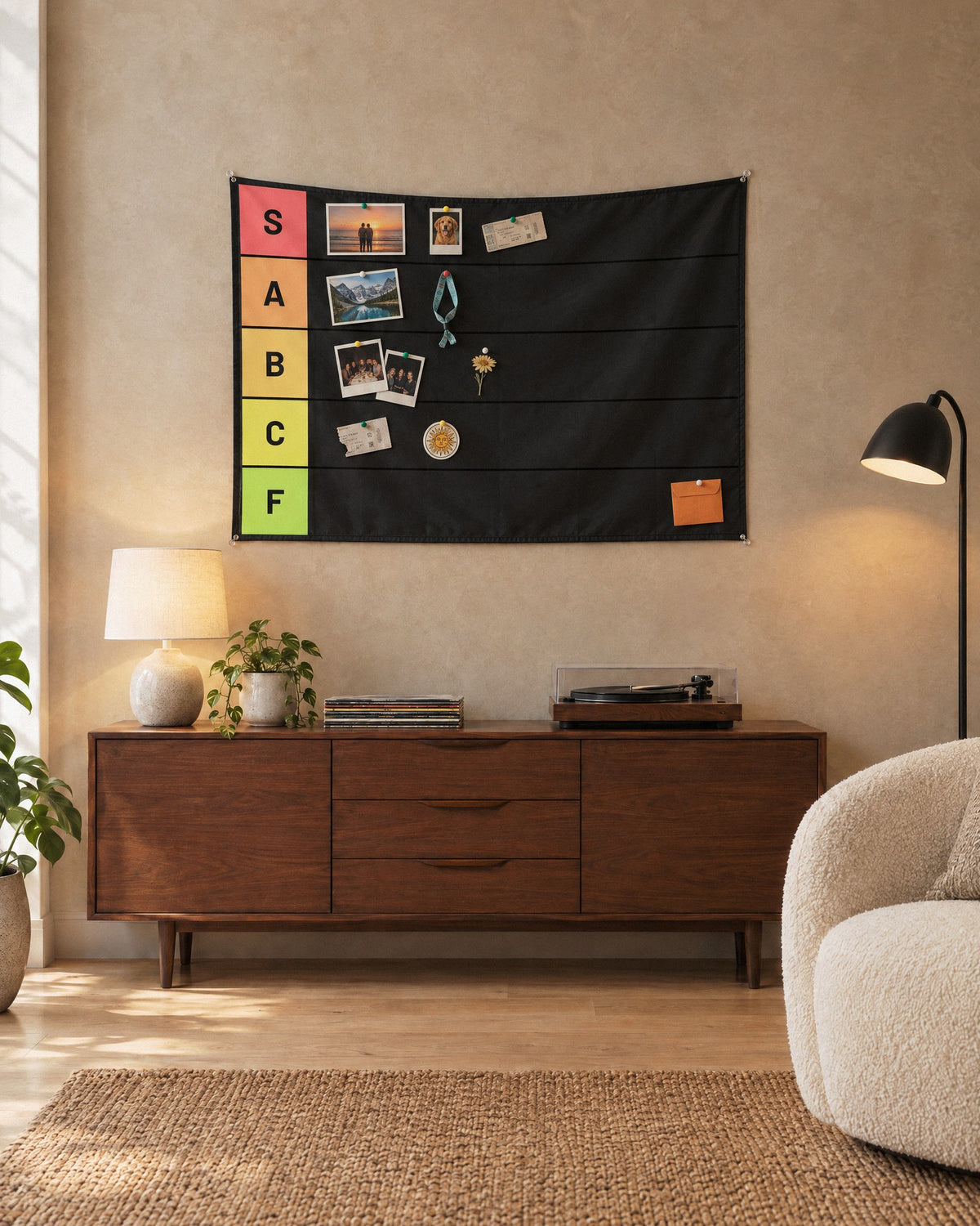 The Tier Board tier list tapestry above a walnut dresser with a few photos and tickets pinned in its rows