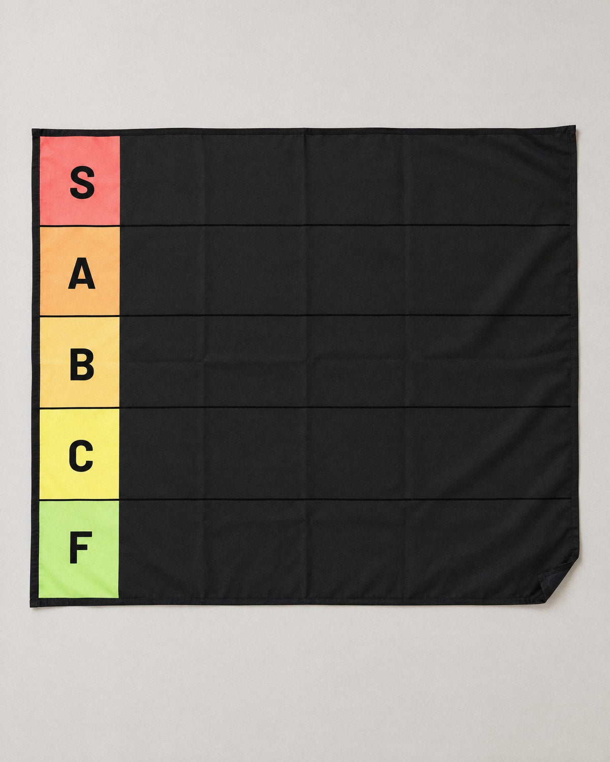 The XL S A B C F tier list tapestry laid flat, 60 x 50 in