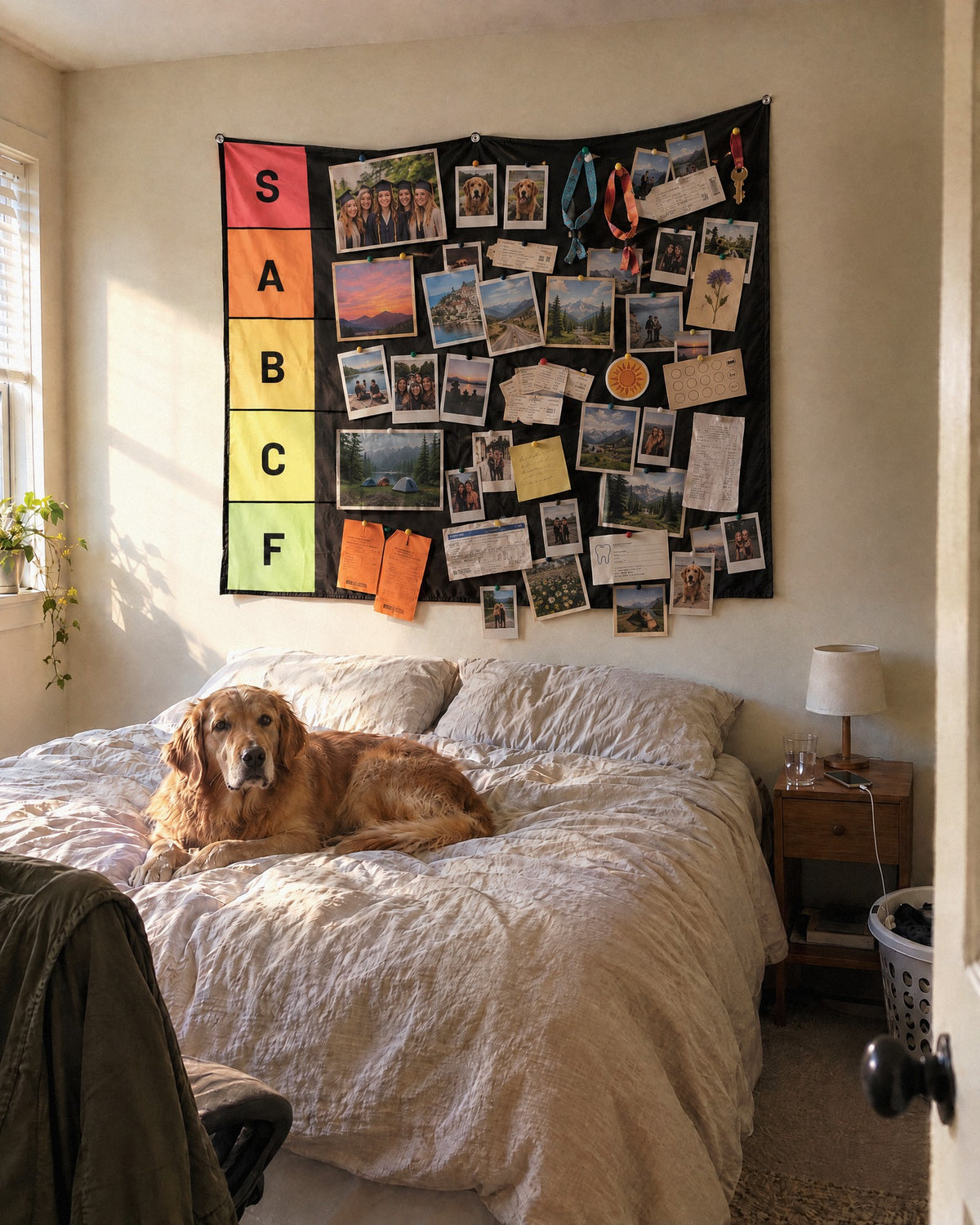XL 60 x 50 in tier list tapestry as wide as a queen bed, packed with photos, tickets and wristbands, golden retriever on the bed